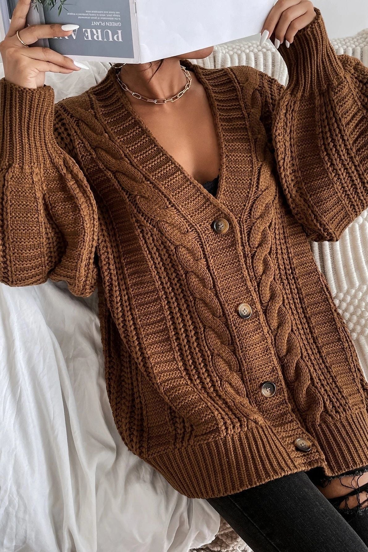 Rhonda - Hearthside Cable Knit Slouch Cardigan