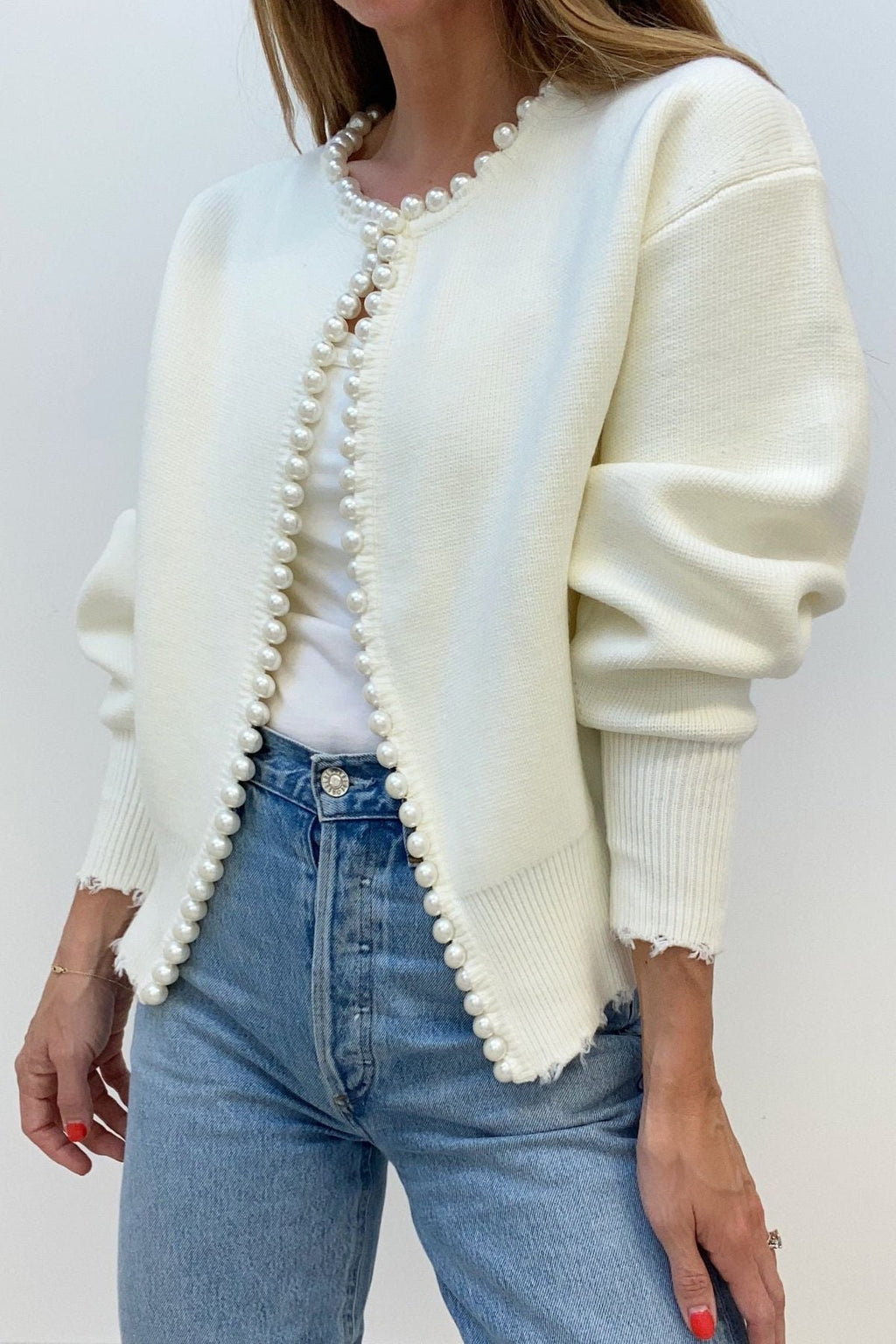 Pearl Trim Ripped Hem Cardigan