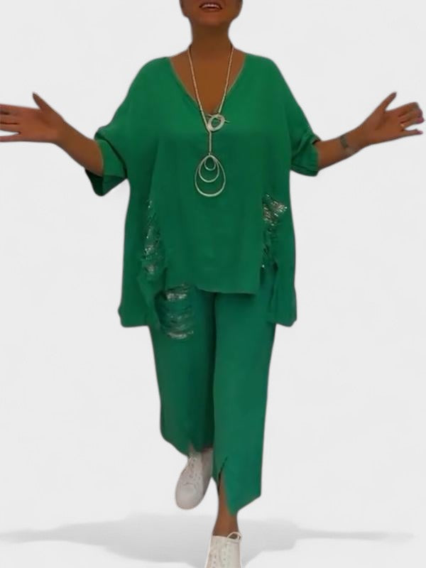 Raisa - V-Neck Two Piece Set For Summer