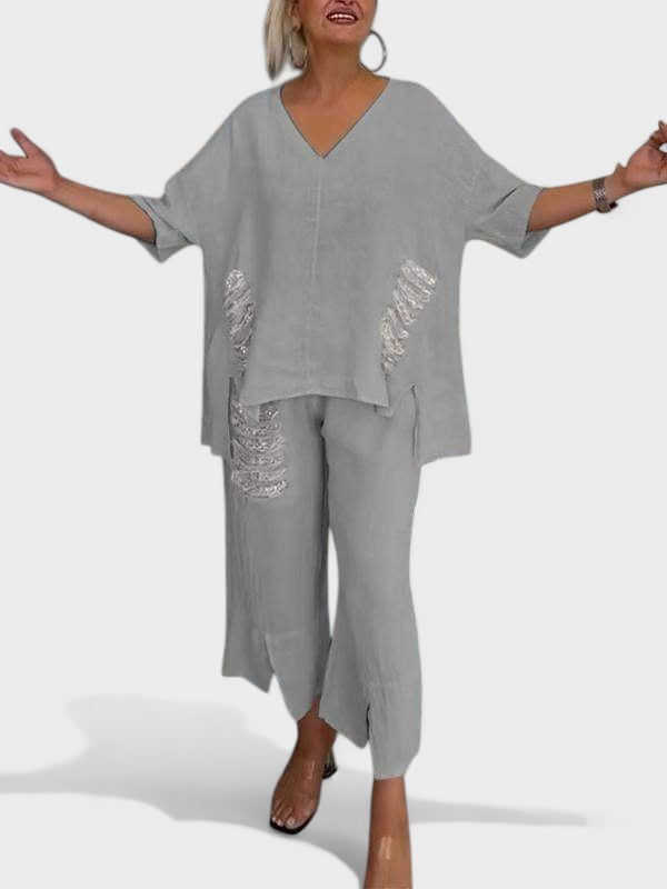 Raisa - V-Neck Two Piece Set For Summer